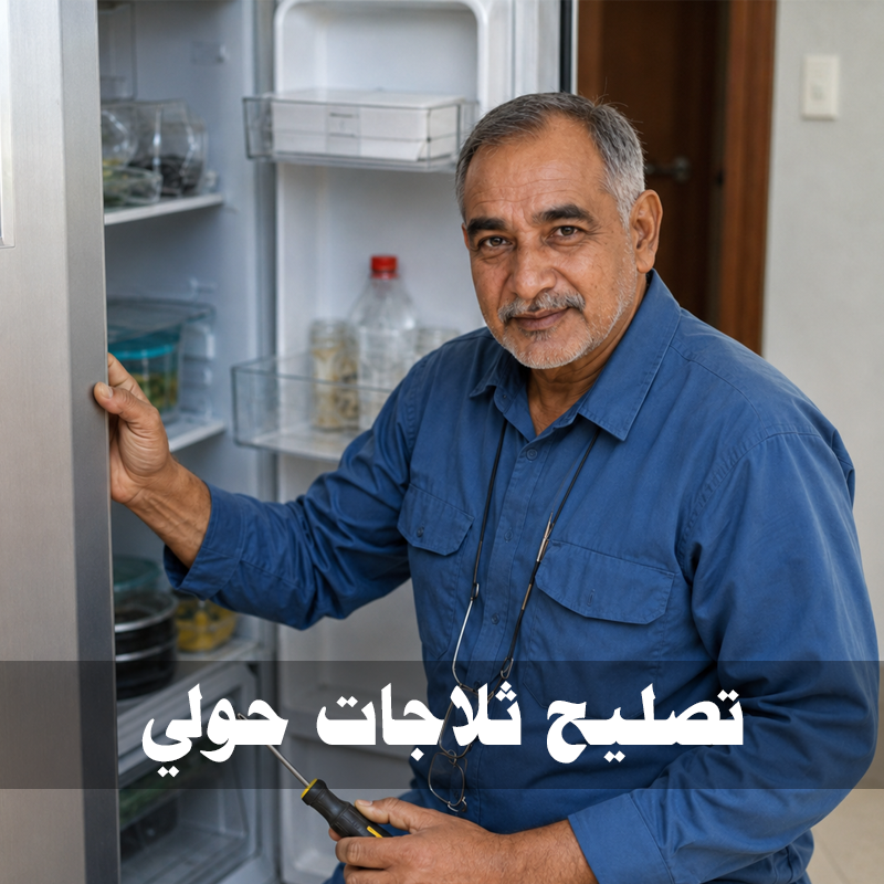 فني تصليح ثلاجات حولي فني يفحص ثلاجة منزلية ضمن خدمة تصليح ثلاجات حولي