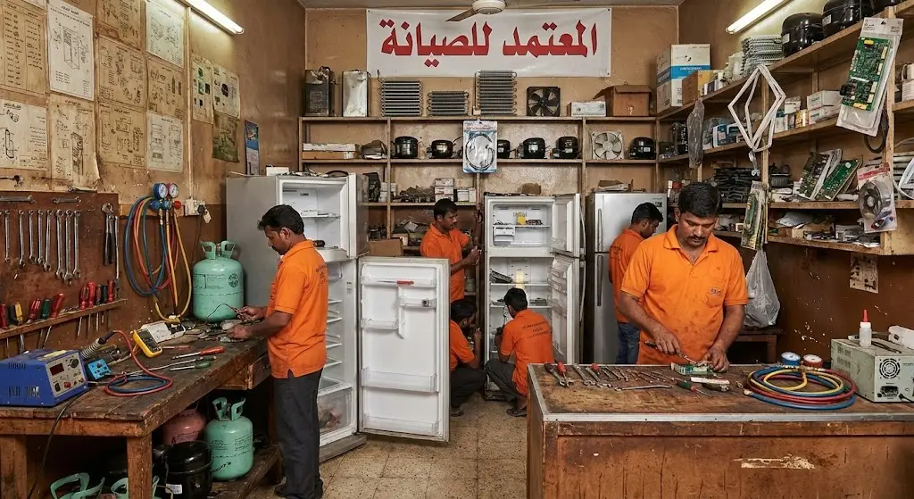 صورة من داخل ورشة تصليح غسالات المركز المعتمد بالكويت فني هندي يقوم بصيانة غسالة اتوماتيك