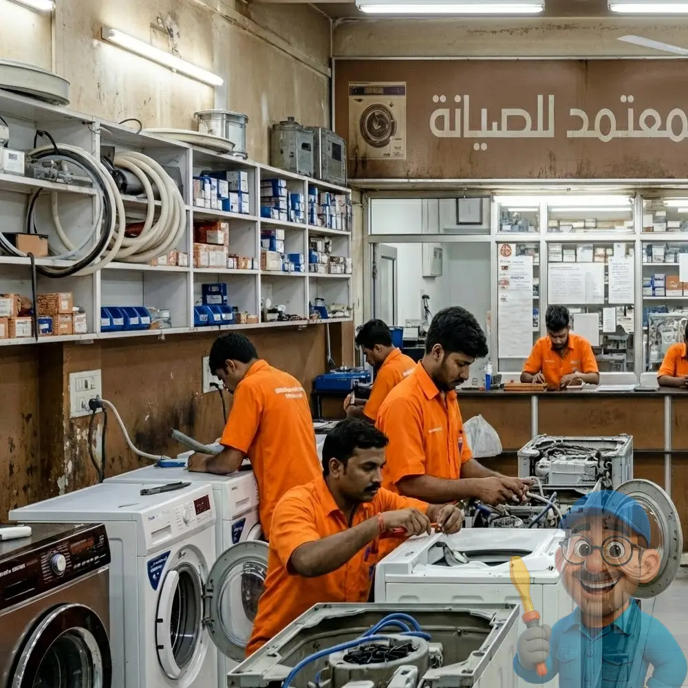 صورة من داخل ورشة تصليح غسالات المركز المعتمد بالكويت فني هندي يقوم بصيانة غسالة اتوماتيك