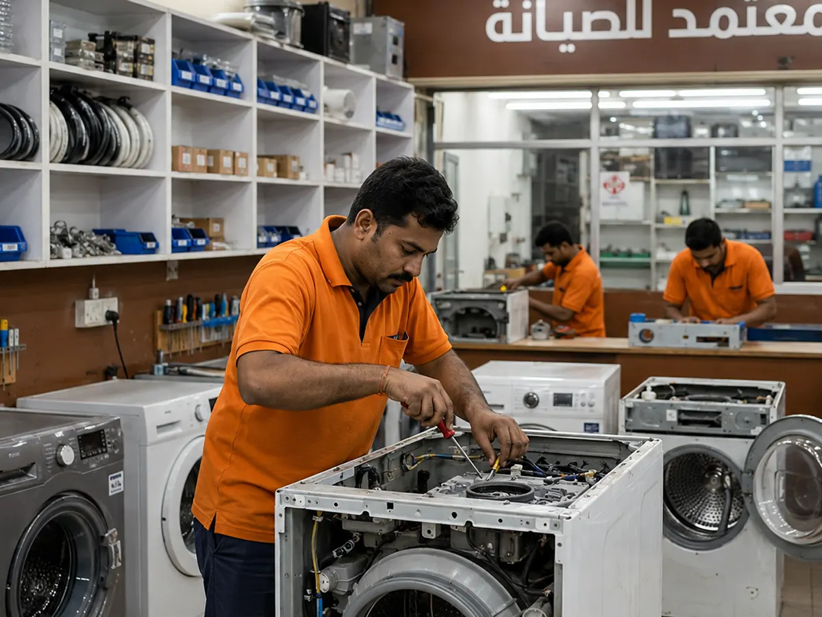 فني تصليح غسالات يفحص غسالة أوتوماتيك داخل ورشة المركز المعتمد في الكويت